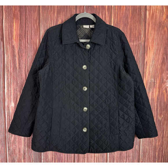 Chico’s Women’s Light Quilted Jacket Black Pockets Button Up Size 3 US 16/18 - Picture 1 of 5